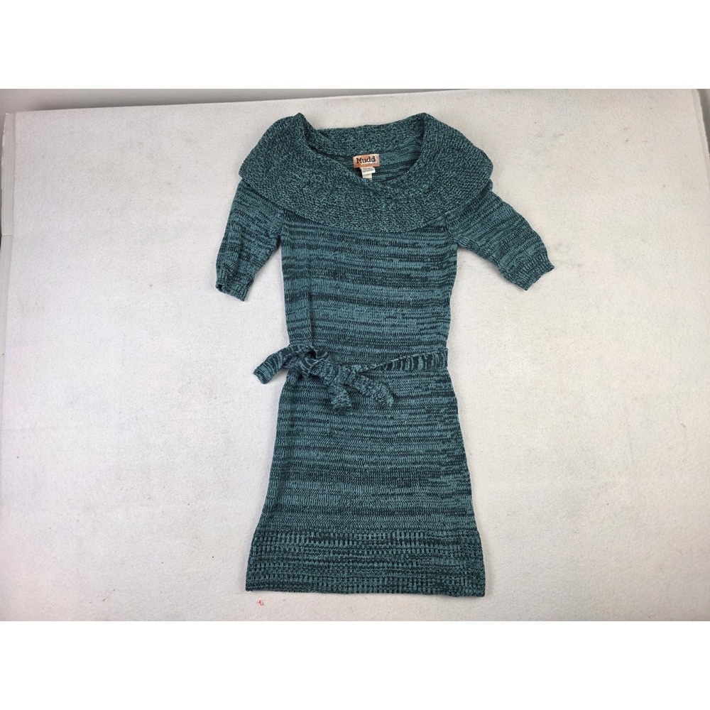 Vintage Y2K Mudd Cowl Neck Mini Knit Sweater Dress Turquoise Green 2000s‎ Size S